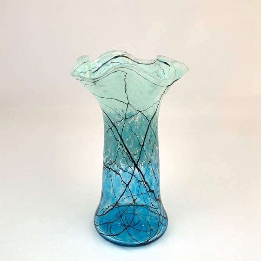 Fine Art Glass Rocks | Small Fluted Vase, Aqua Lightning