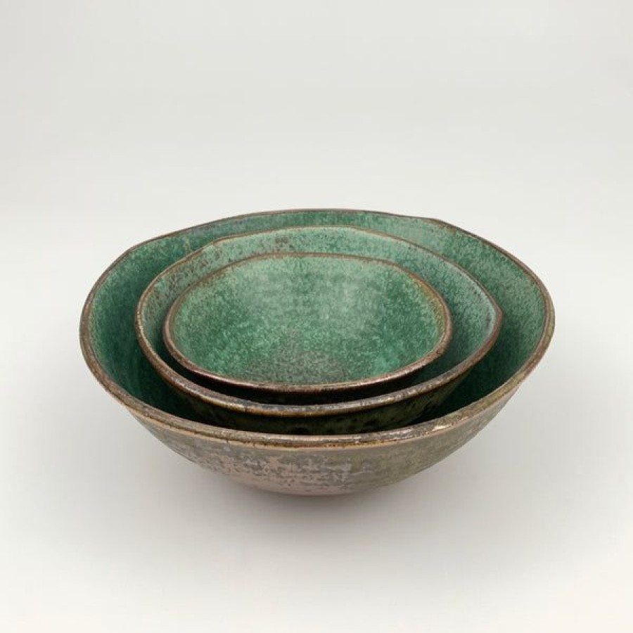 Pottery Kerry Brooks | Set Of Three Green Glazed Bowls