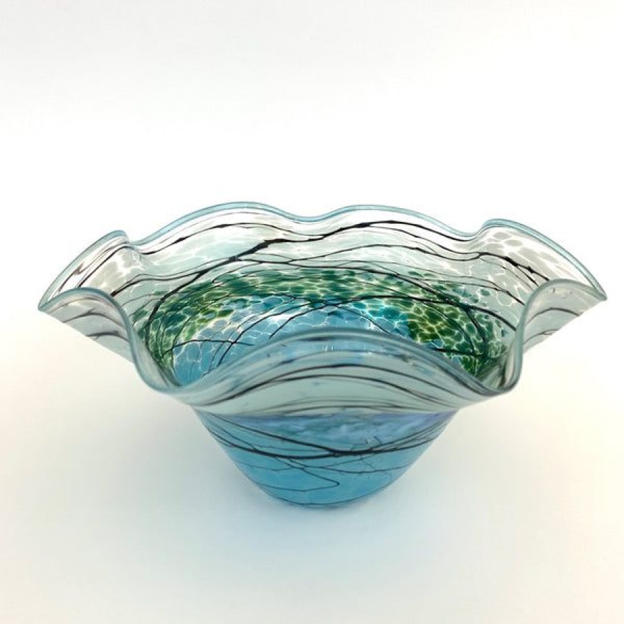 Fine Art Glass Rocks | Small Fluted Bowl Silver Green Lightning